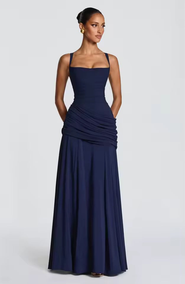 Damen Langes Kleid mit Herzausschnitt gekreuzten Trägern und Raffung an der Hüfte
