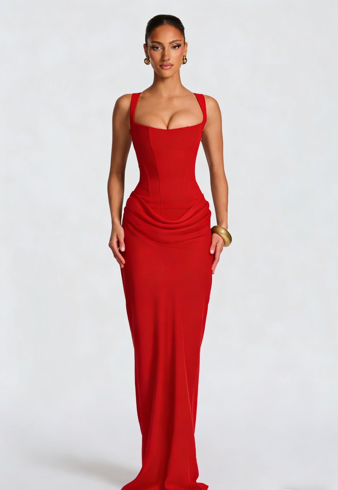 Damen Langes Kleid mit Korsettoberteil breiten Schulterträgern und seitlicher Raffung