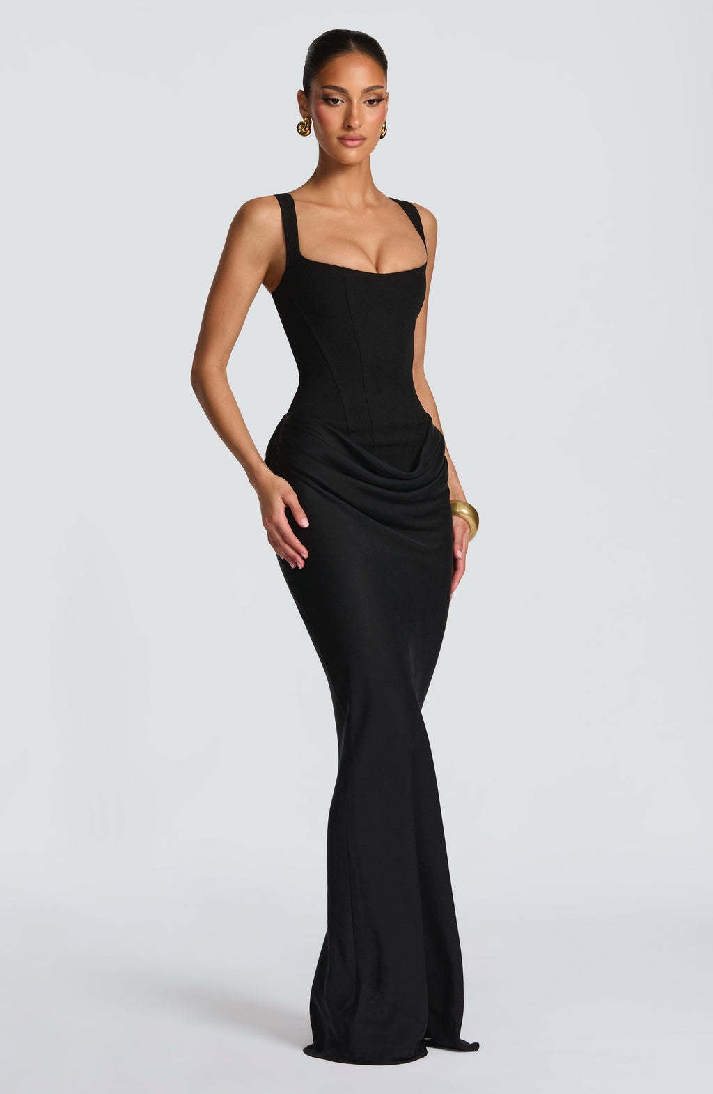 Damen Langes Kleid mit Korsettoberteil breiten Schulterträgern und seitlicher Raffung