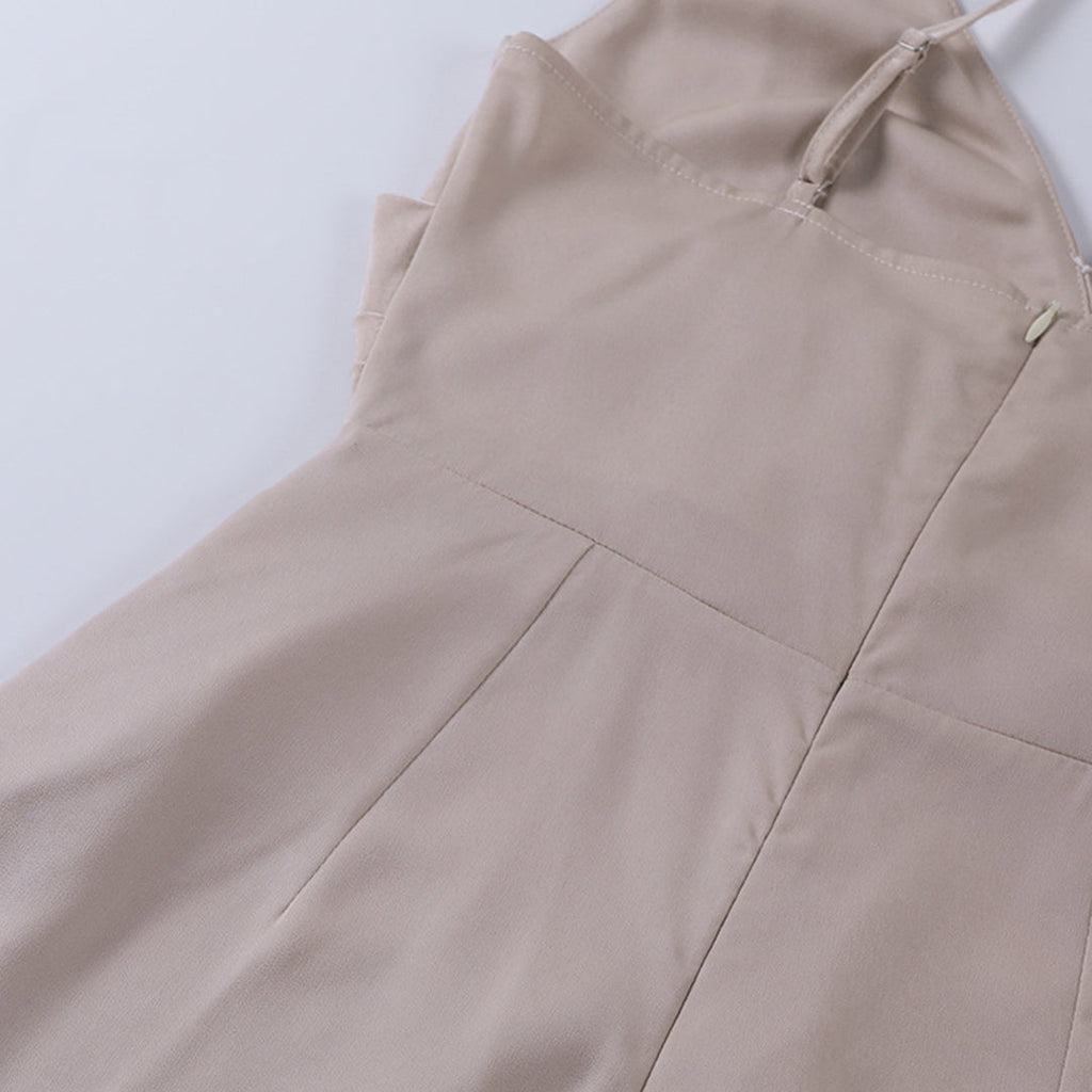 Damen Langes Kleid mit Spaghettiträgern V-Ausschnitt seitlichem Schlitz und Knopfdetail
