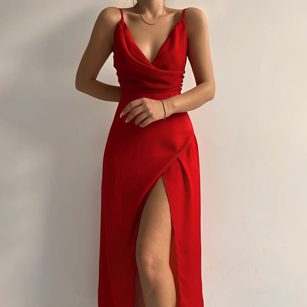 Damen Langes Kleid mit Spaghettiträgern V-Ausschnitt seitlichem Schlitz und Knopfdetail