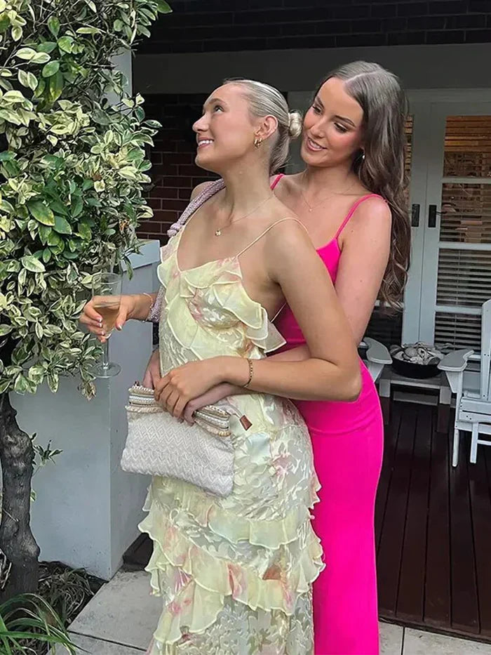 Damen Maxikleid mit Spaghettiträgern V-Ausschnitt Volants und offenem Rücken mit Blumenmuster