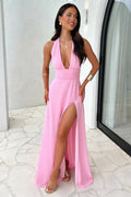 Damen Maxikleid mit tiefem Neckholder-V-Ausschnitt und Bindebändern am Rücken mit seitlichem Beinschlitz