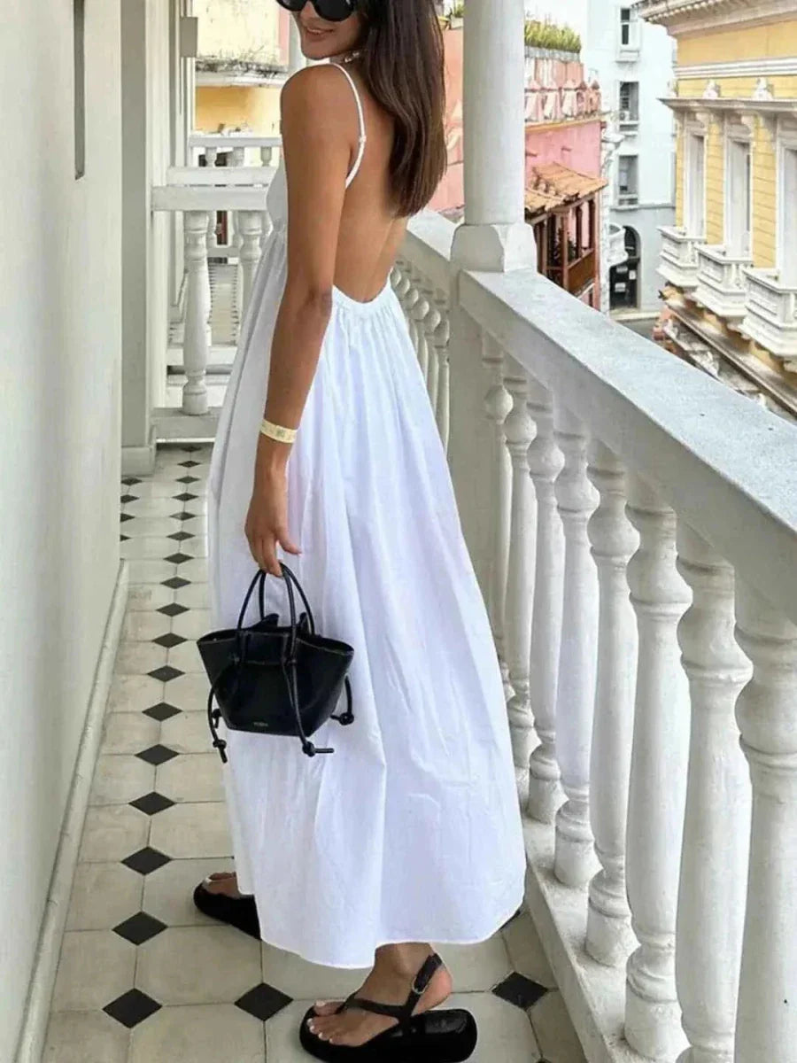 Damen Maxikleid mit tiefem V-Ausschnitt und Spaghettiträgern mit offenem Rücken und weitem Rock