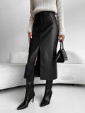 Damen Midirock mit Frontschlitz und Gürtelschlaufen