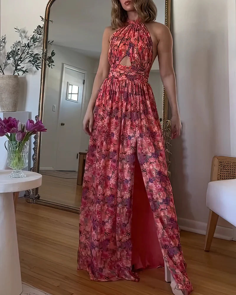 Damen Neckholder-Maxikleid mit Schlüsselloch-Ausschnitt und Blumenmuster mit offenem Rücken und Beinschlitz