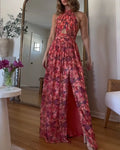 Damen Neckholder-Maxikleid mit Schlüsselloch-Ausschnitt und Blumenmuster mit offenem Rücken und Beinschlitz