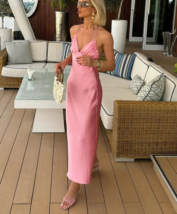 Damen Neckholder Maxikleid mit tiefem V-Ausschnitt und gerafftem Oberteil
