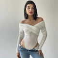 Damen Off-Shoulder-Bodysuit mit Langen Ärmeln Raffung und Überkreuzter Drapierung