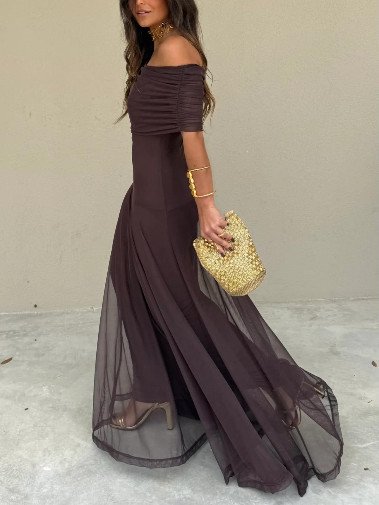 Damen Off-Shoulder Maxikleid mit gerafftem Oberteil und halbtransparentem Rockteil
