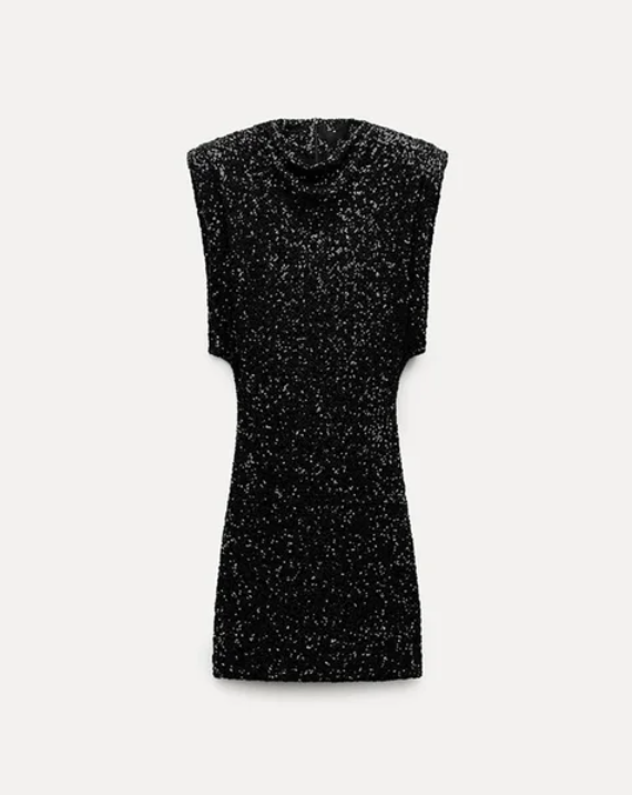 Damen Pailletten Minikleid mit Stehkragen und betonten Schultern
