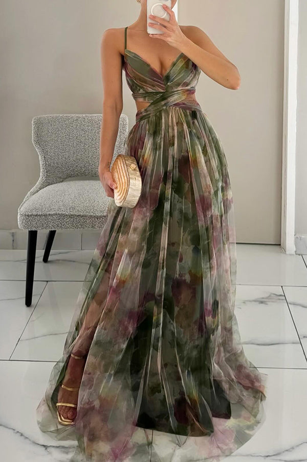 Damen Plissiertes Maxikleid mit Blumenmuster und Spaghettiträgern und Wickelausschnitt