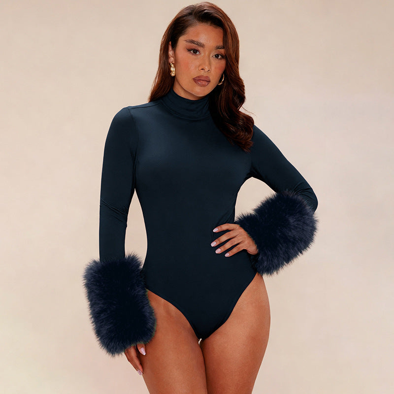 Damen Rollkragen-Bodysuit mit Langen Ärmeln Kunstfell-Manschetten und Hohem Beinausschnitt