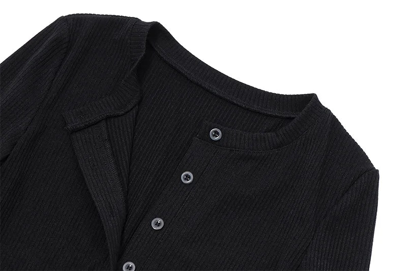 Damen Rundhals-Bodysuit mit Langen Ärmeln Rippenstruktur und Knopfleiste