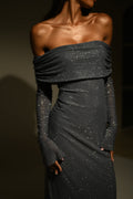 Damen Schulterfreies Glitzer-Maxikleid mit langen Ärmeln