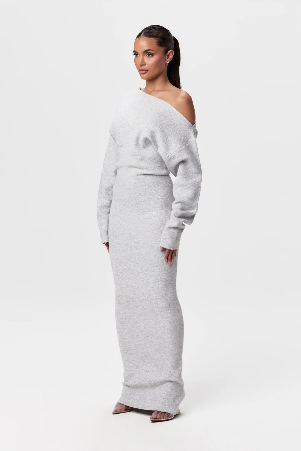 Damen Schulterfreies Strickkleid mit Asymmetrischem Ausschnitt Langen Ärmeln und Maxilänge