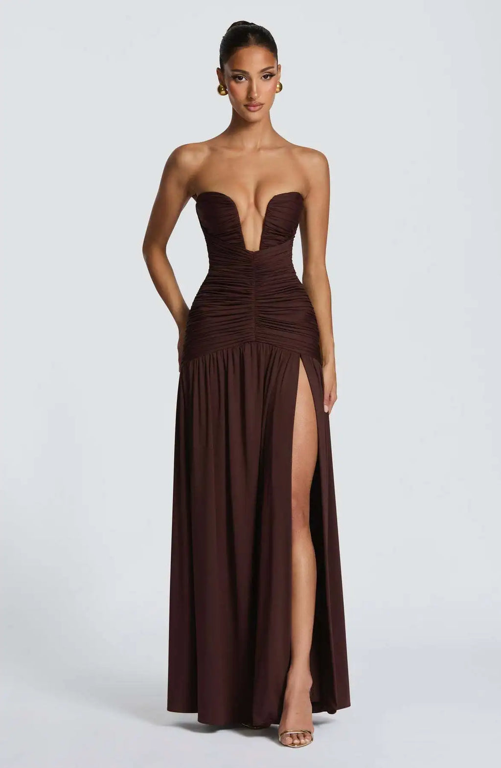 Damen Trägerloses Maxi-Kleid mit tiefem V-Ausschnitt und gerafftem Oberteil mit Schlitz
