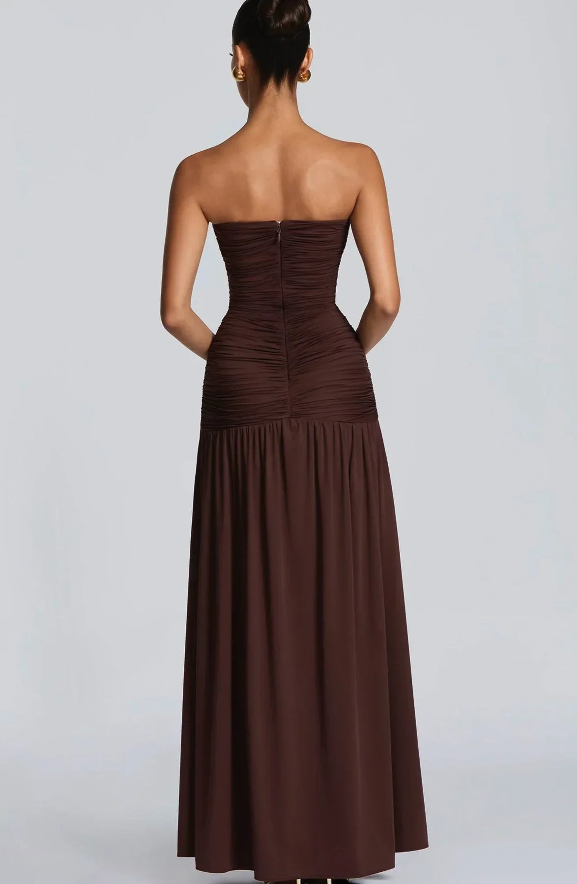Damen Trägerloses Maxi-Kleid mit tiefem V-Ausschnitt und gerafftem Oberteil mit Schlitz