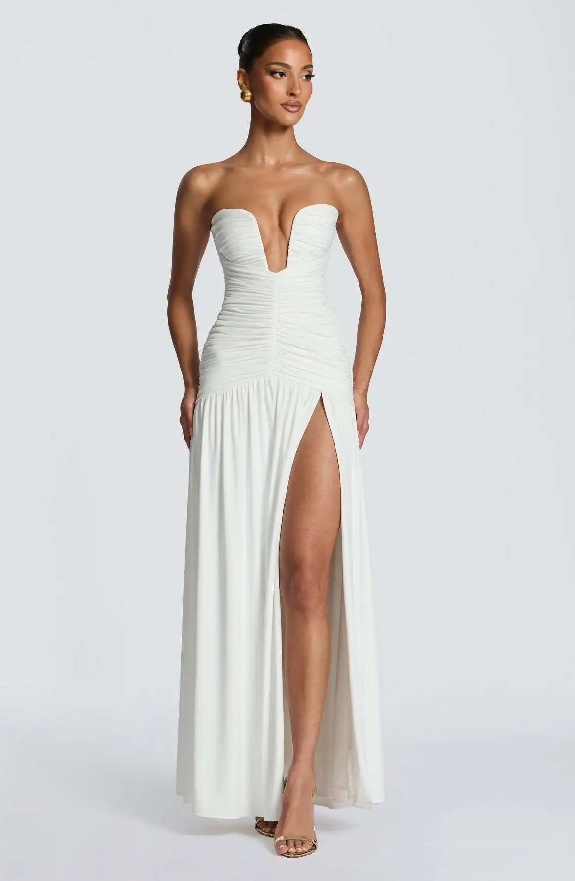 Damen Trägerloses Maxi-Kleid mit tiefem V-Ausschnitt und gerafftem Oberteil mit Schlitz