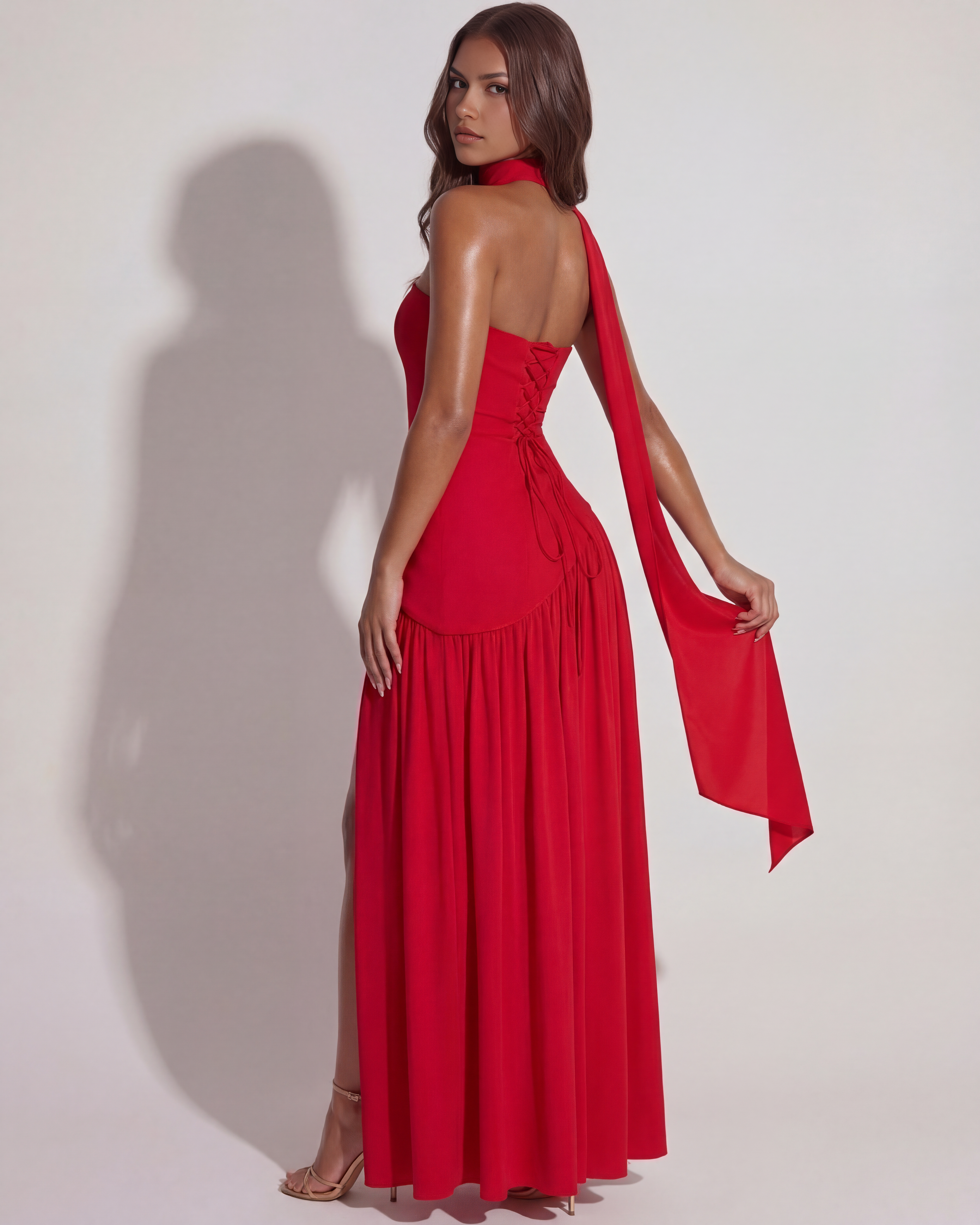 Damen Trägerloses Maxikleid mit Halsschal Herzausschnitt Schnürung am Rücken und Seitenschlitz