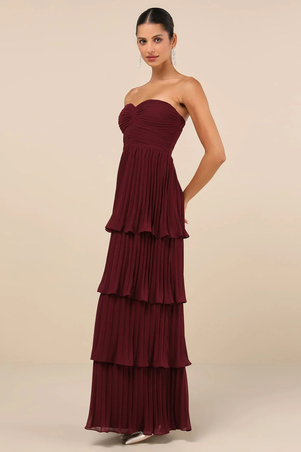 Damen Trägerloses Maxikleid mit Herzdekolleté Gerafftem Oberteil und Stufenrock