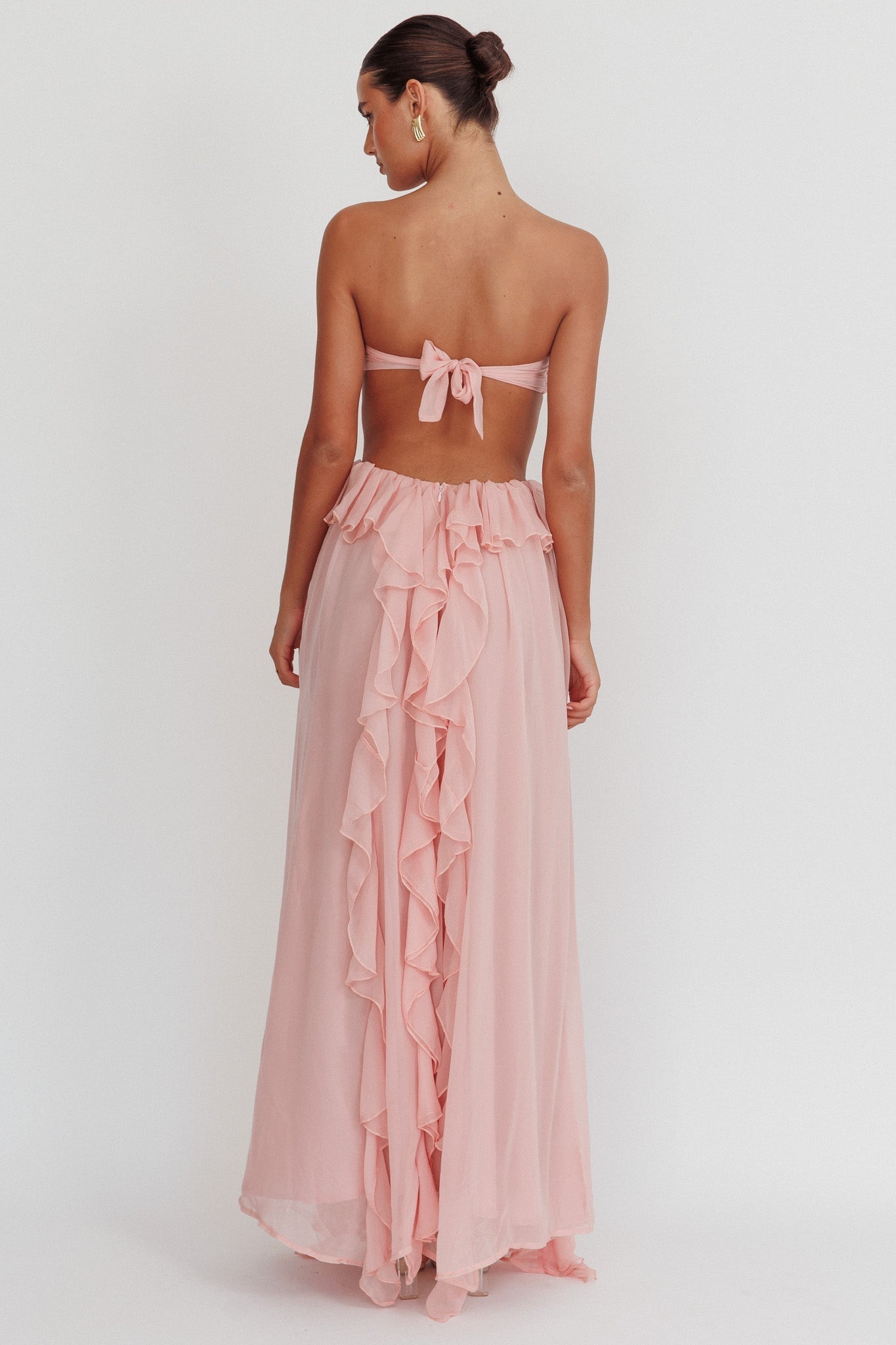 Damen Trägerloses Maxikleid mit Taillenausschnitt Rüschenrock und Rosettenapplikation
