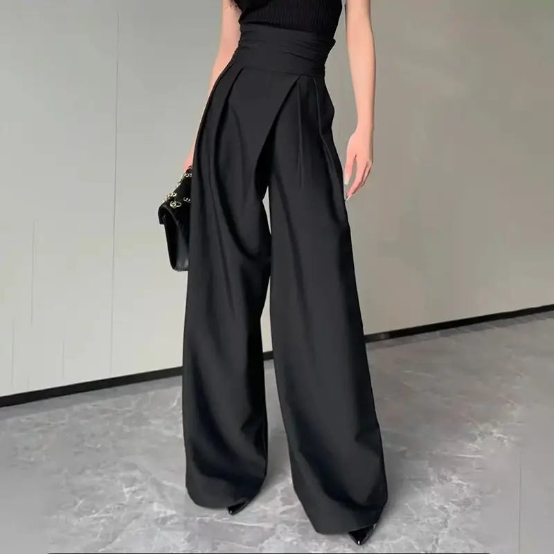 Damen Weite Hose mit Hohem Bund Gekreuztem Bundband und Bundfalten
