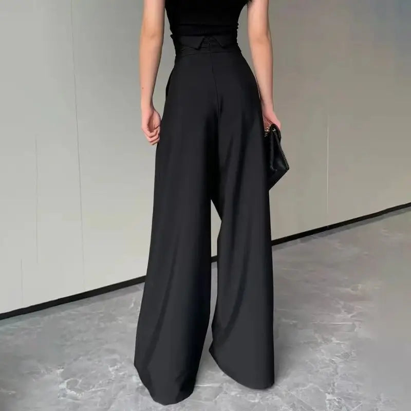 Damen Weite Hose mit Hohem Bund Gekreuztem Bundband und Bundfalten