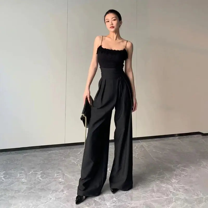 Damen Weite Hose mit Hohem Bund Gekreuztem Bundband und Bundfalten