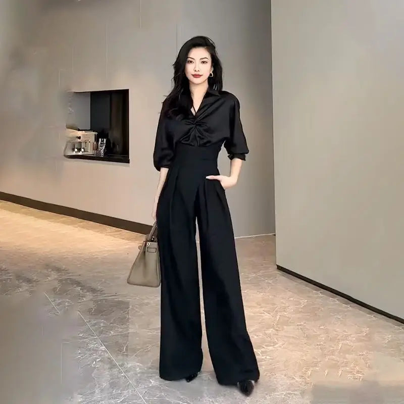 Damen Weite Hose mit Hohem Bund Gekreuztem Bundband und Bundfalten