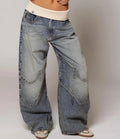 Damen Weite Hose mit Kontrastbund und geschwungenen Ziernähten