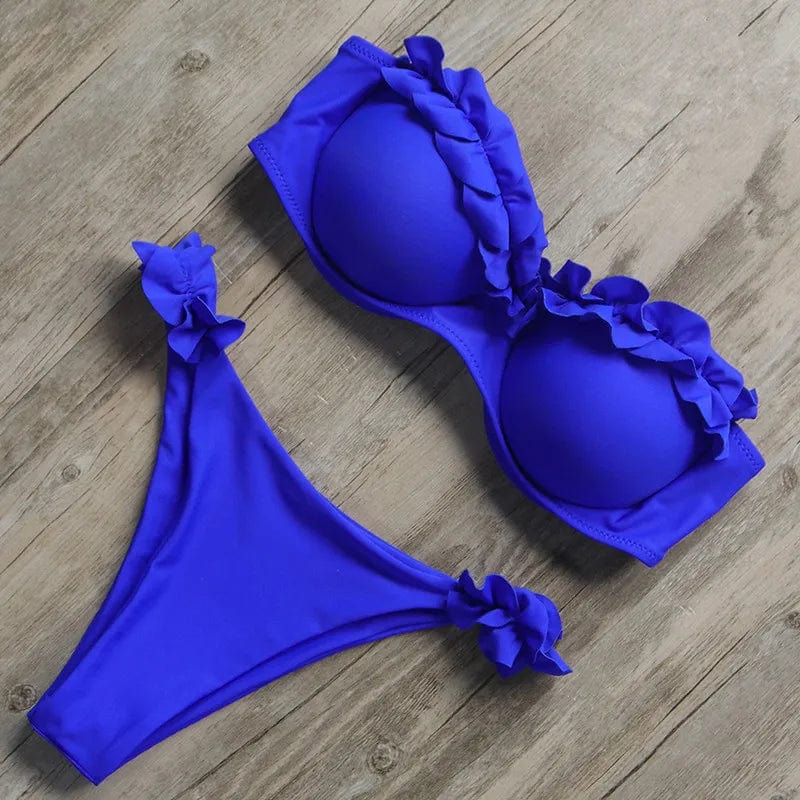 Damen Zweiteiliger Bikini mit Trägerlosem Oberteil Volants und Bindung am Rücken