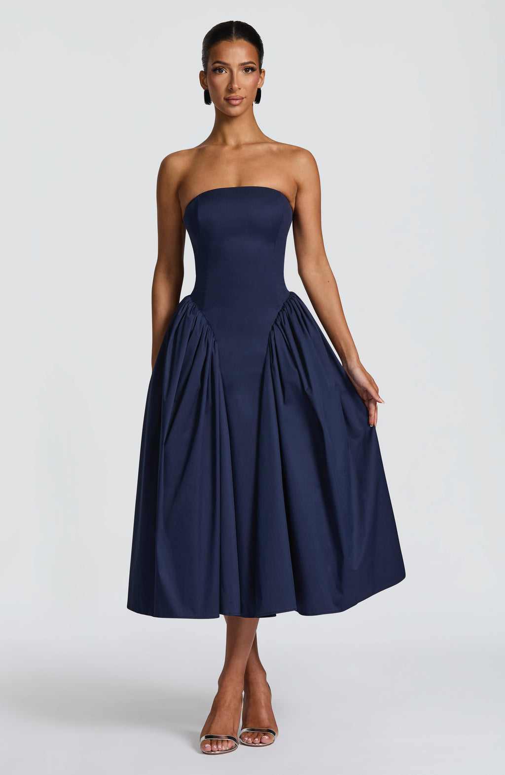 Isabeau | Damen Trägerloses Corsagen-Midikleid – Dunkelblau