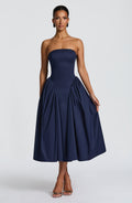 Isabeau | Damen Trägerloses Corsagen-Midikleid – Dunkelblau