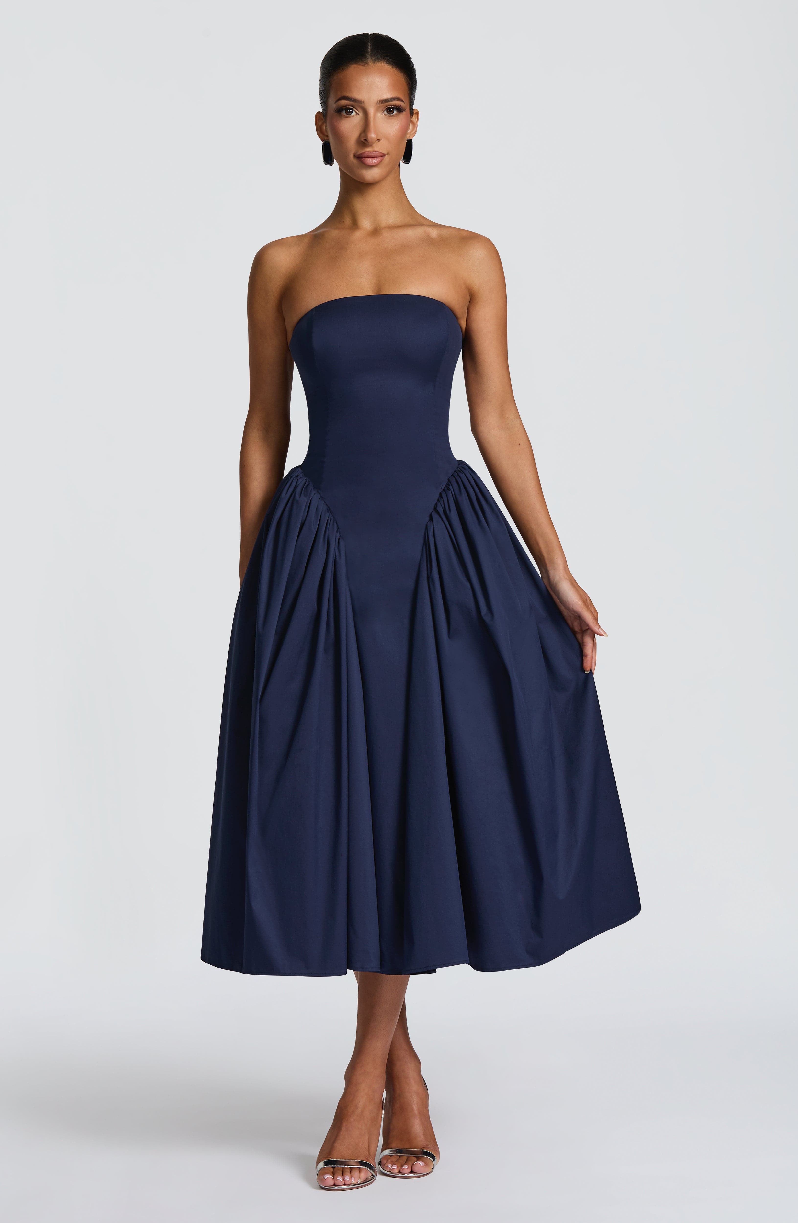 Isabeau | Damen Trägerloses Corsagen-Midikleid – Dunkelblau