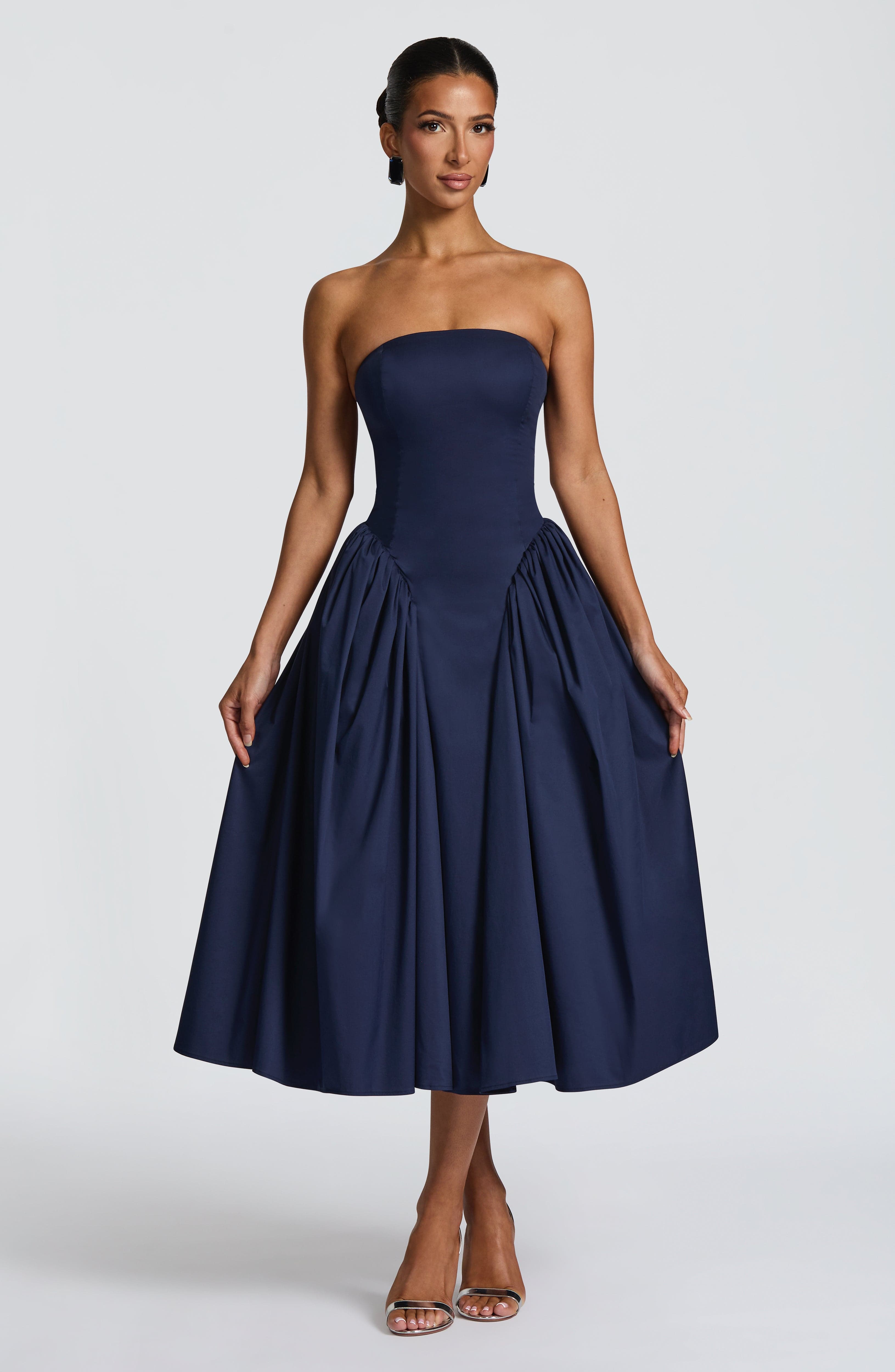 Isabeau | Damen Trägerloses Corsagen-Midikleid – Dunkelblau