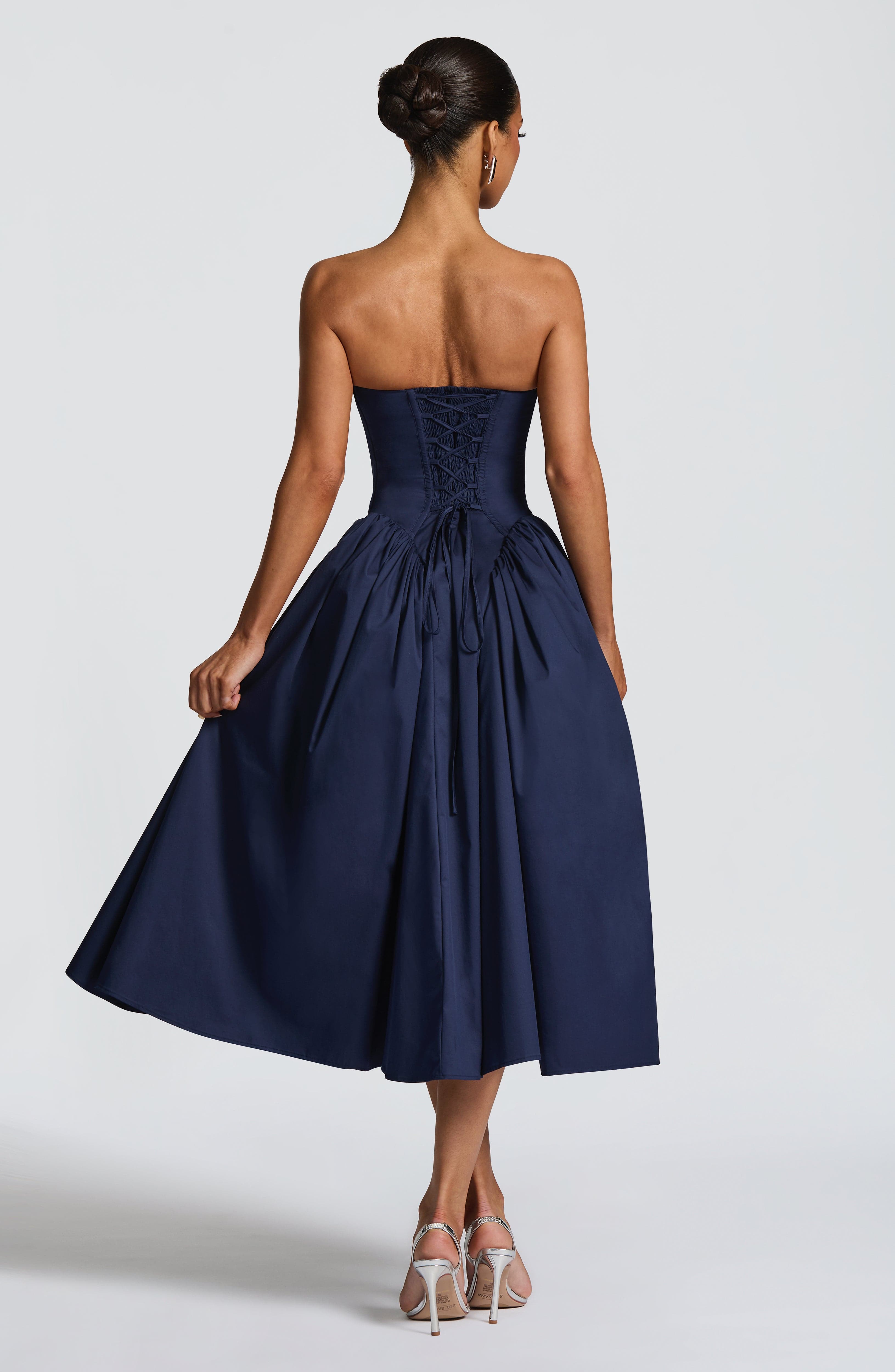 Isabeau | Damen Trägerloses Corsagen-Midikleid – Dunkelblau