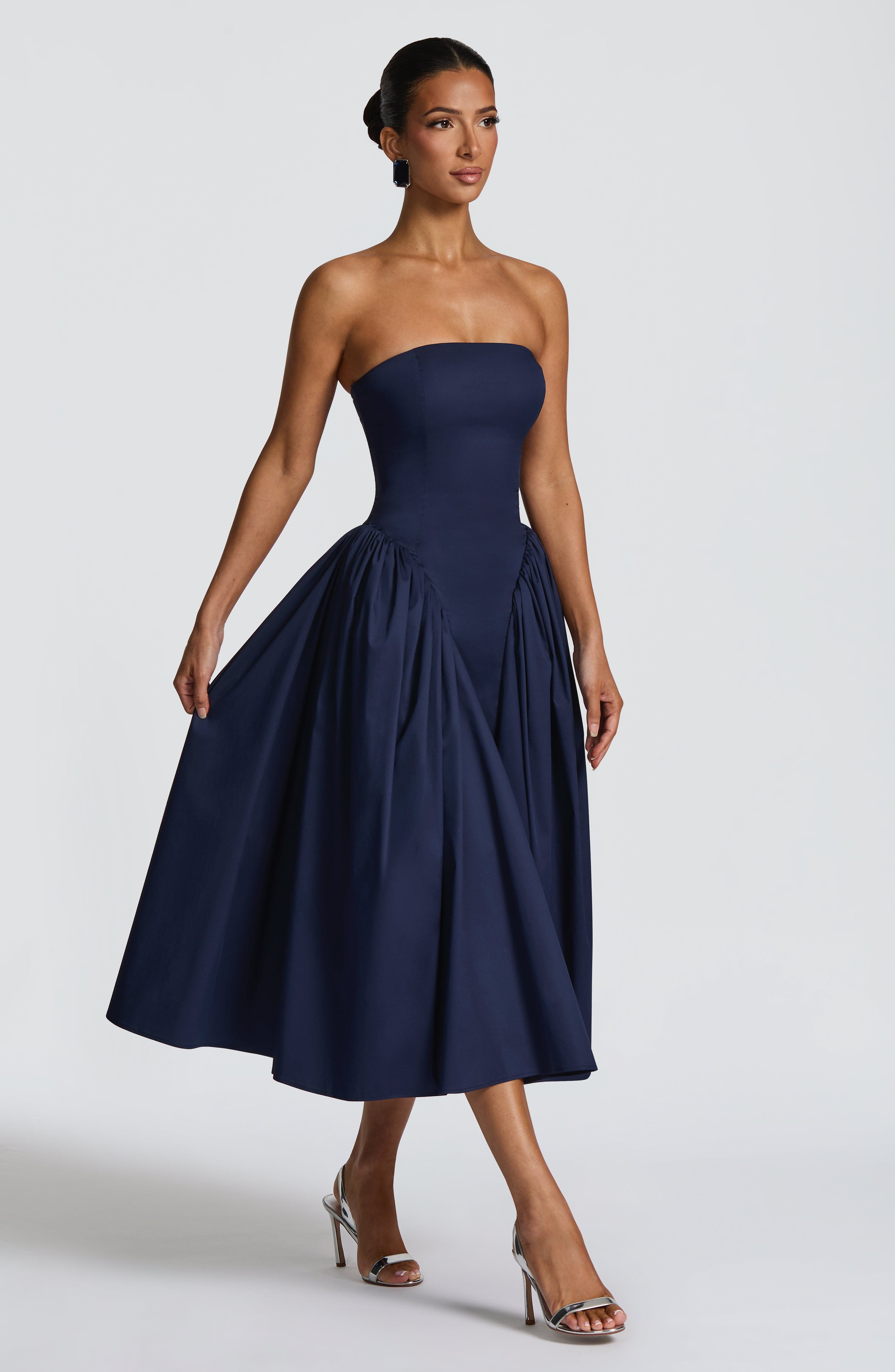 Isabeau | Damen Trägerloses Corsagen-Midikleid – Dunkelblau