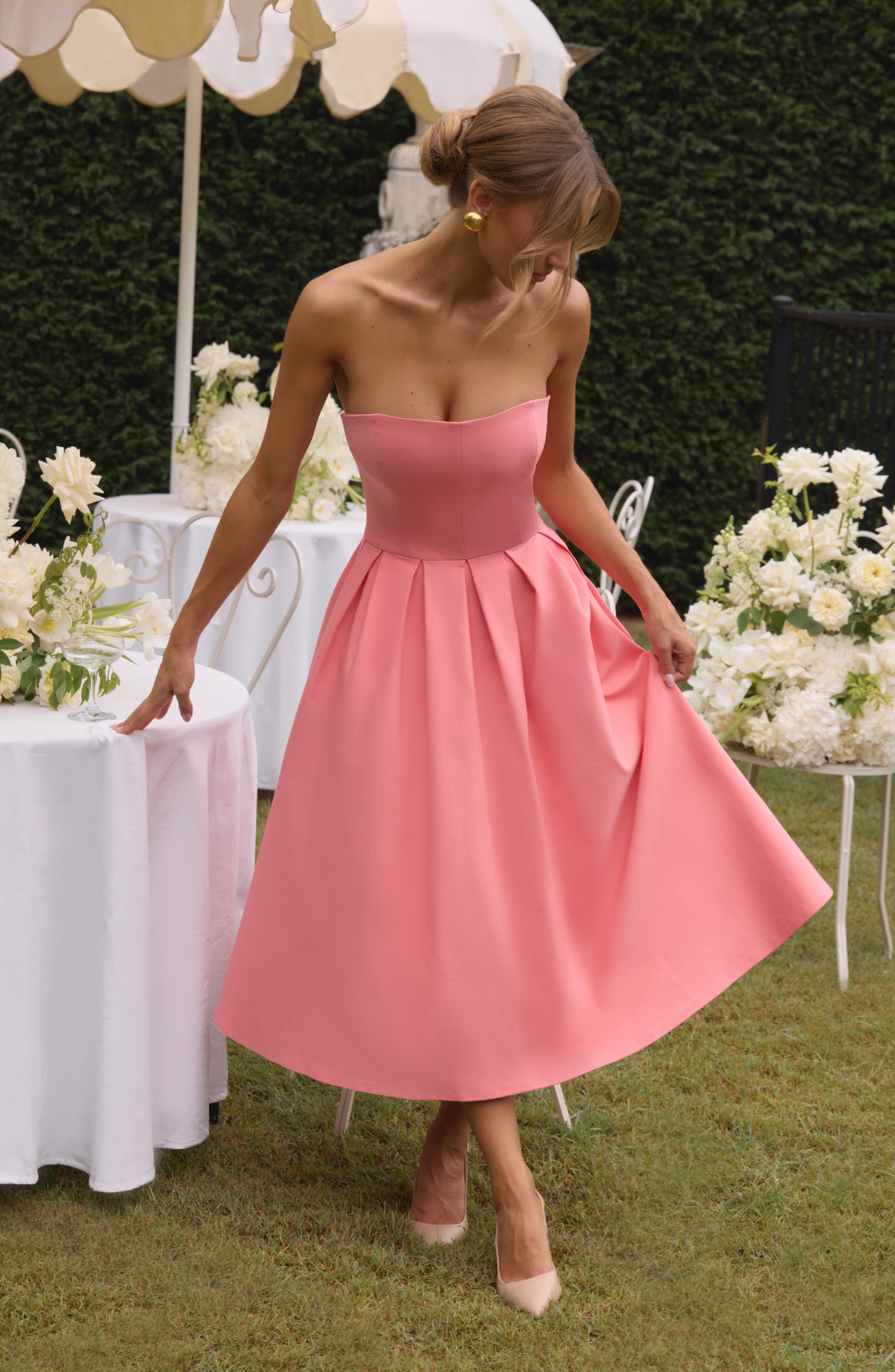 Eulalie | Damen Trägerloses Midikleid – Korallrosa