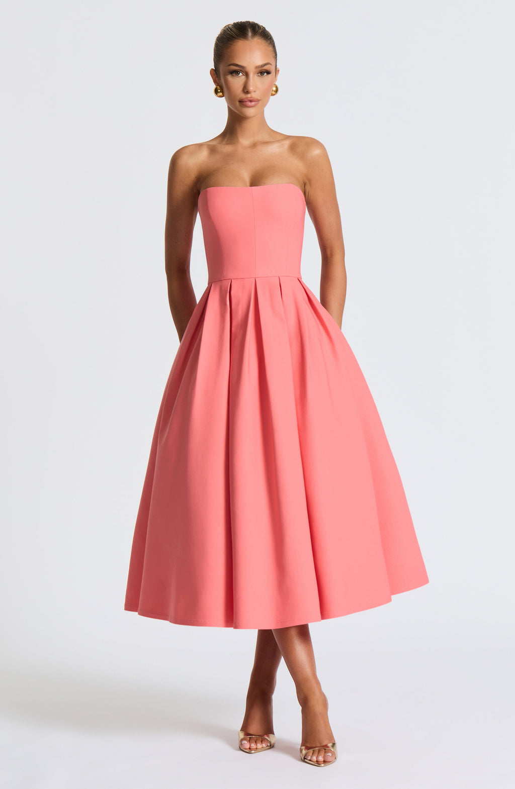 Eulalie | Damen Trägerloses Midikleid – Korallrosa