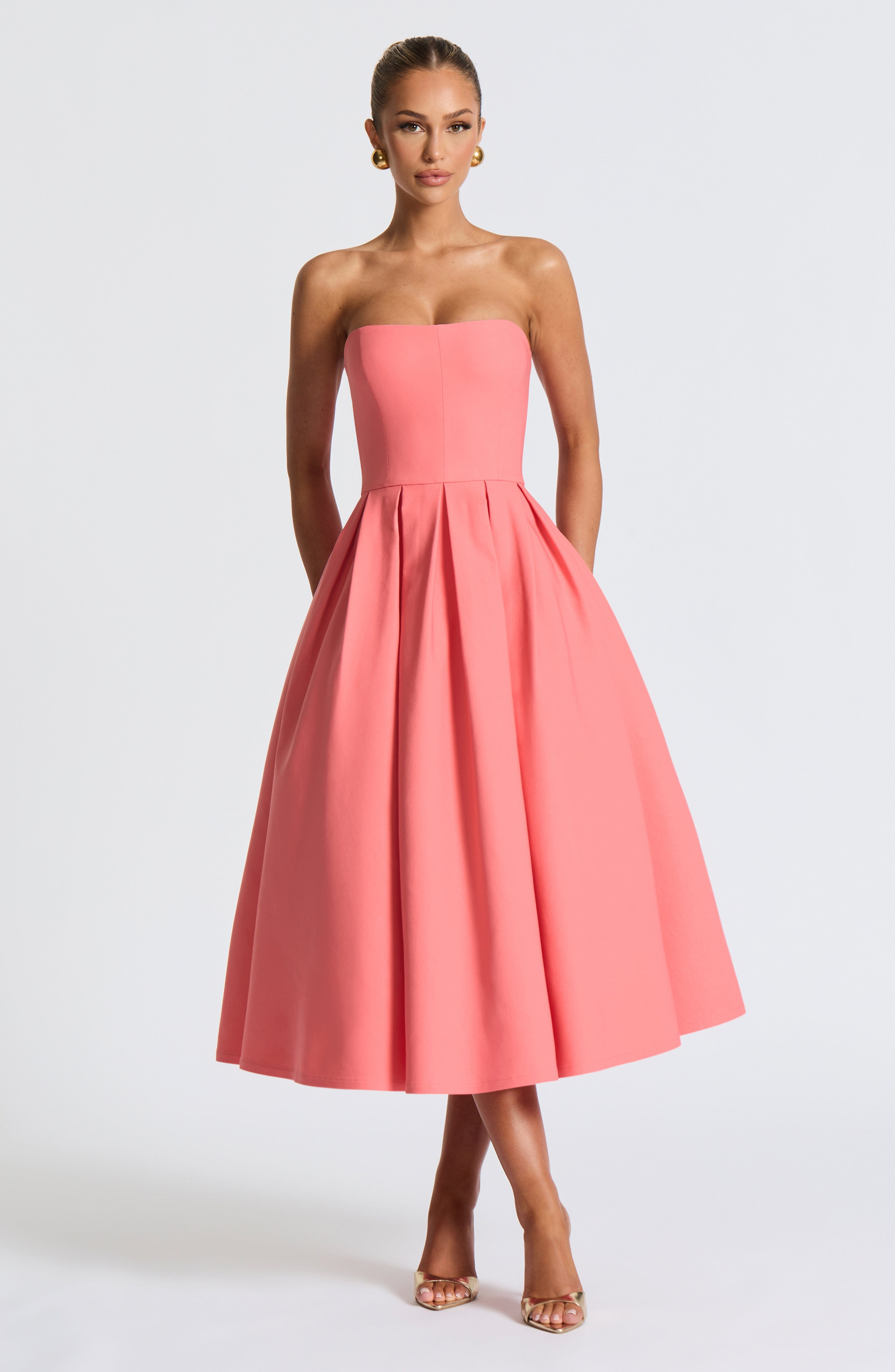 Eulalie | Damen Trägerloses Midikleid – Korallrosa