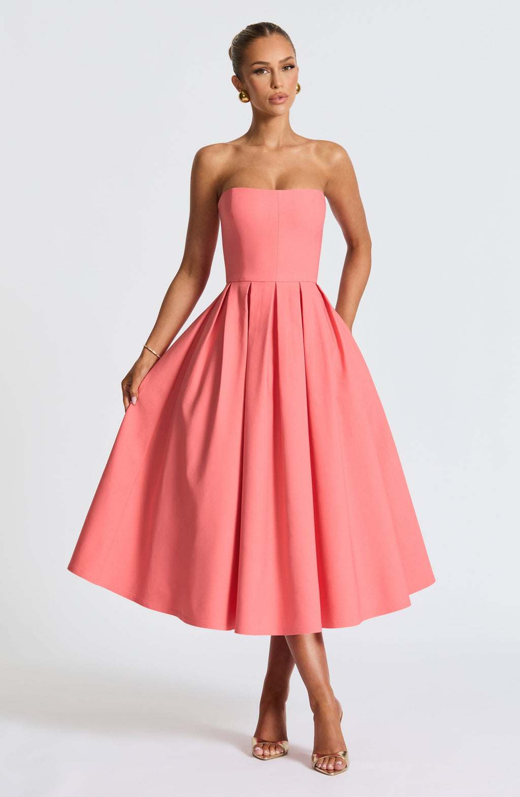 Eulalie | Damen Trägerloses Midikleid – Korallrosa