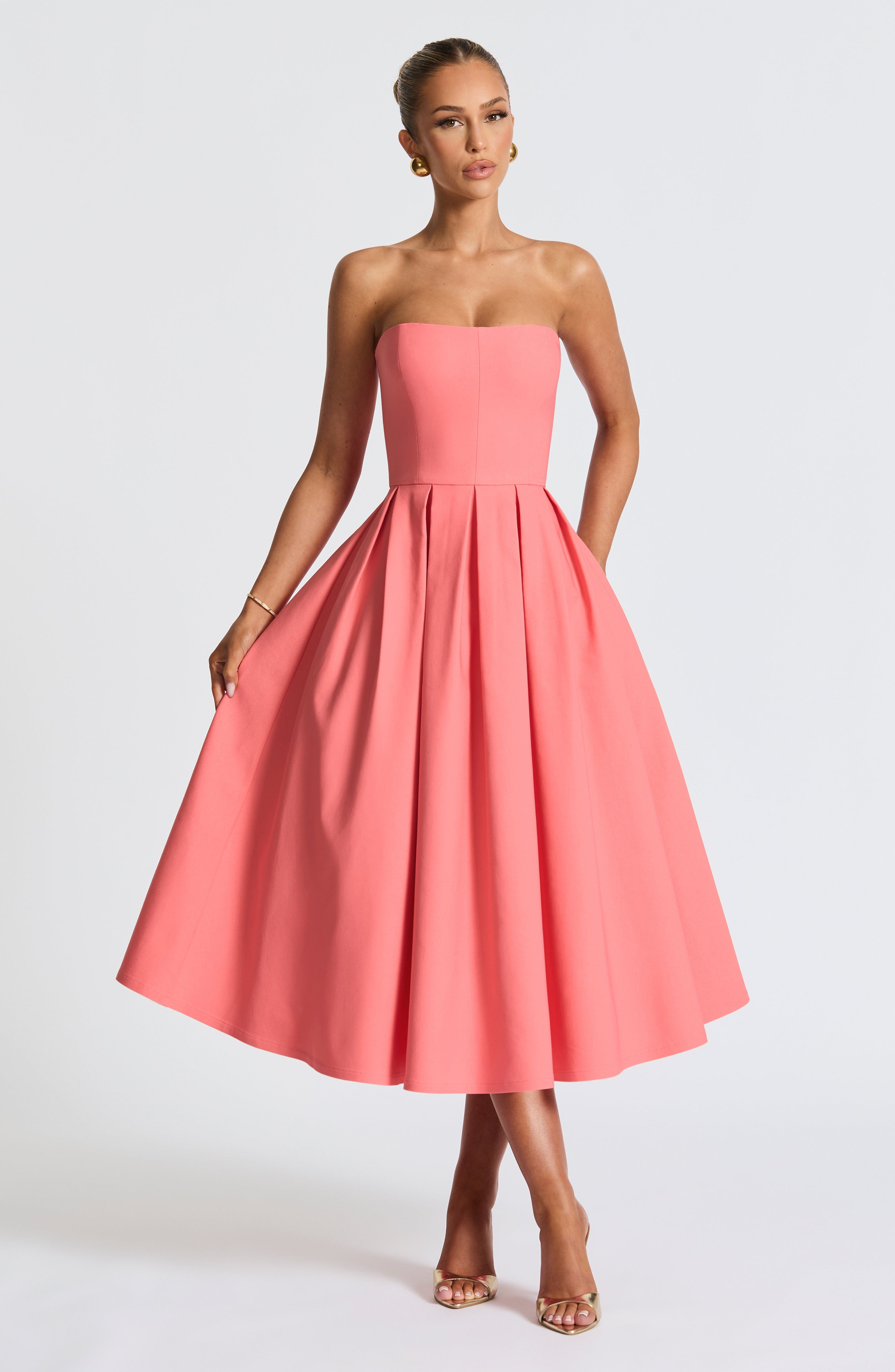 Eulalie | Damen Trägerloses Midikleid – Korallrosa
