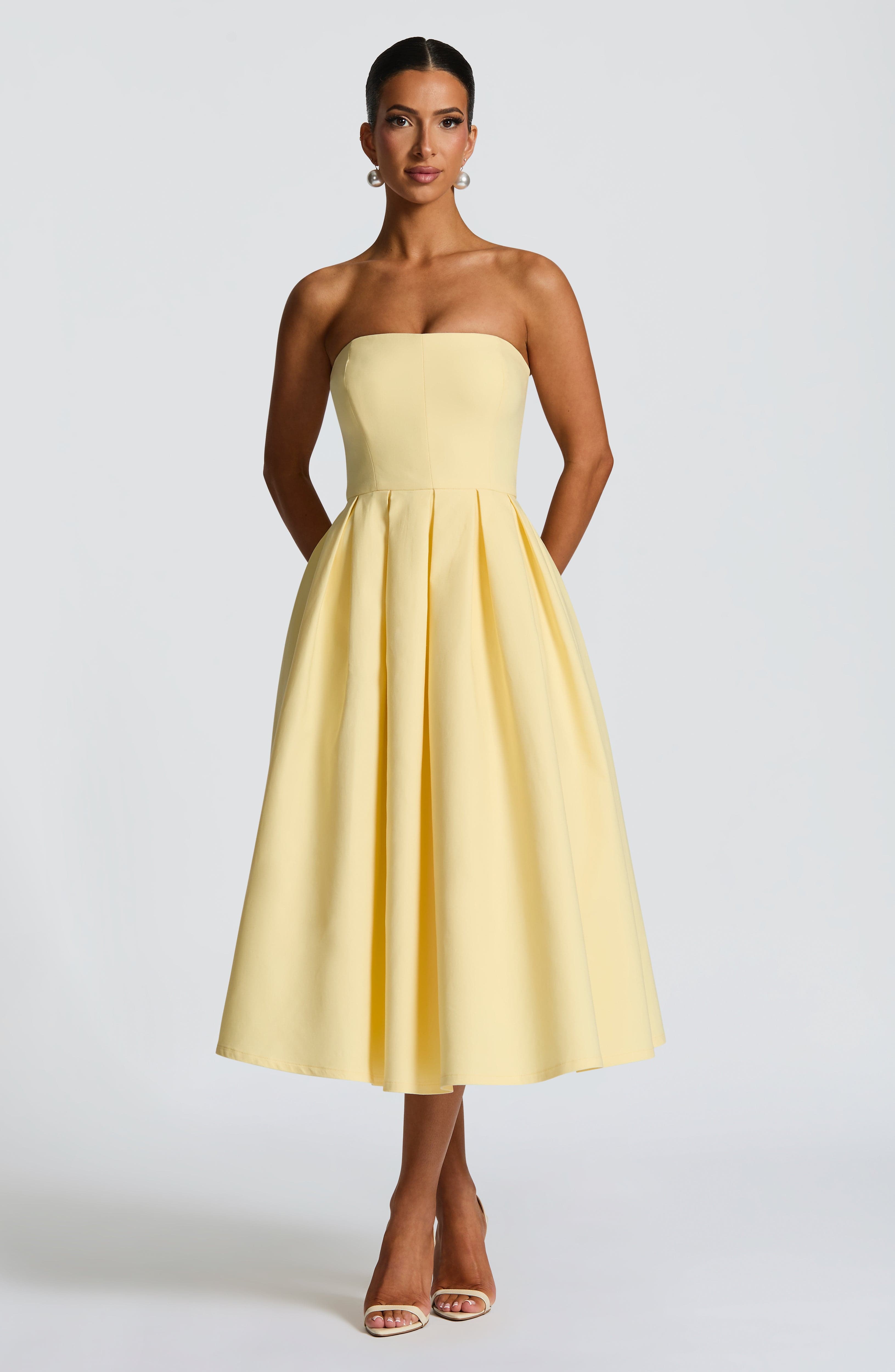 Capucine | Damen Trägerloses Midikleid – Zitronengelb