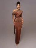 Festliches Kleid Damen Maxi mit Ein-Schulter-Ausschnitt Brustausschnitt und Glitzerbesatz
