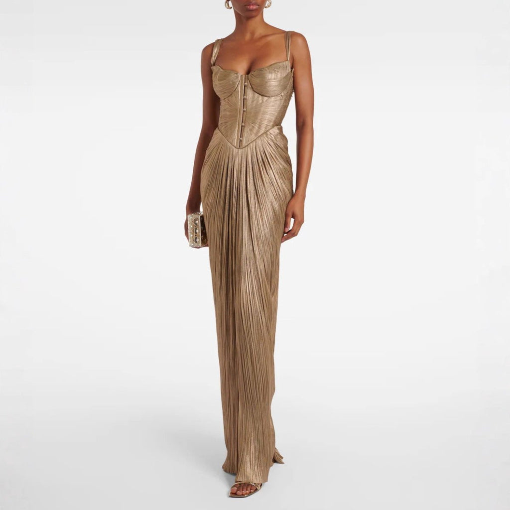 Festliches Kleid Damen Maxi mit Herzausschnitt Korsett-Oberteil und Plissee