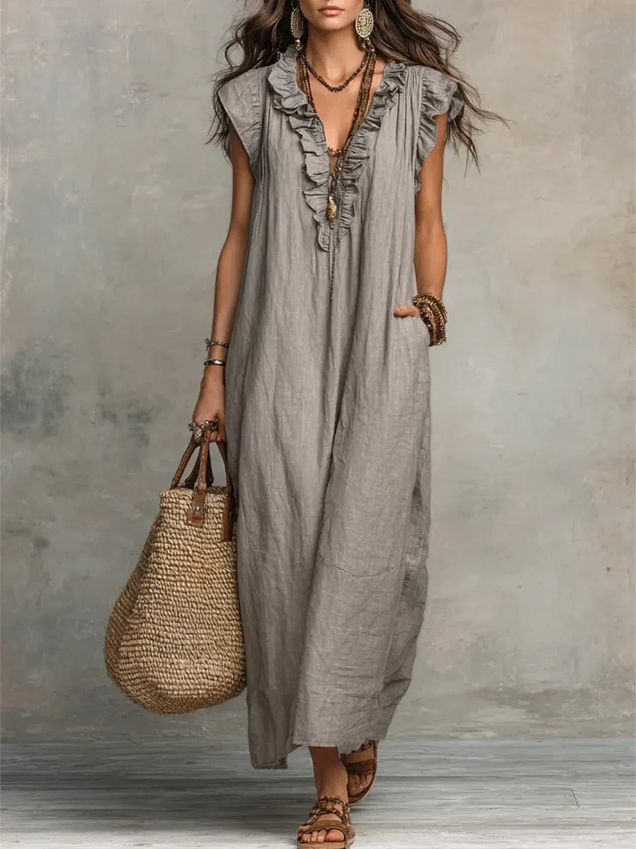 Frieda | Damen Rüschen Maxikleid Ärmellos