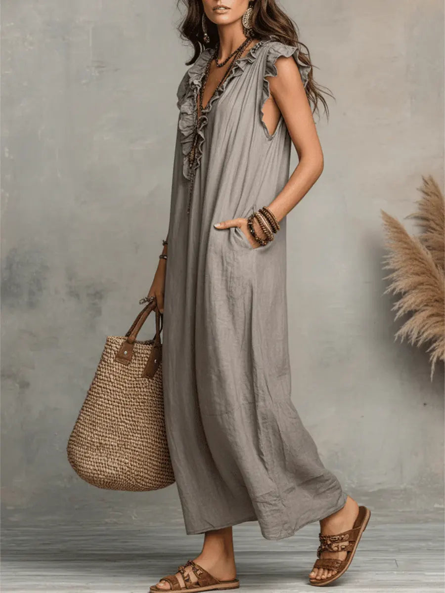 Frieda | Damen Rüschen Maxikleid Ärmellos