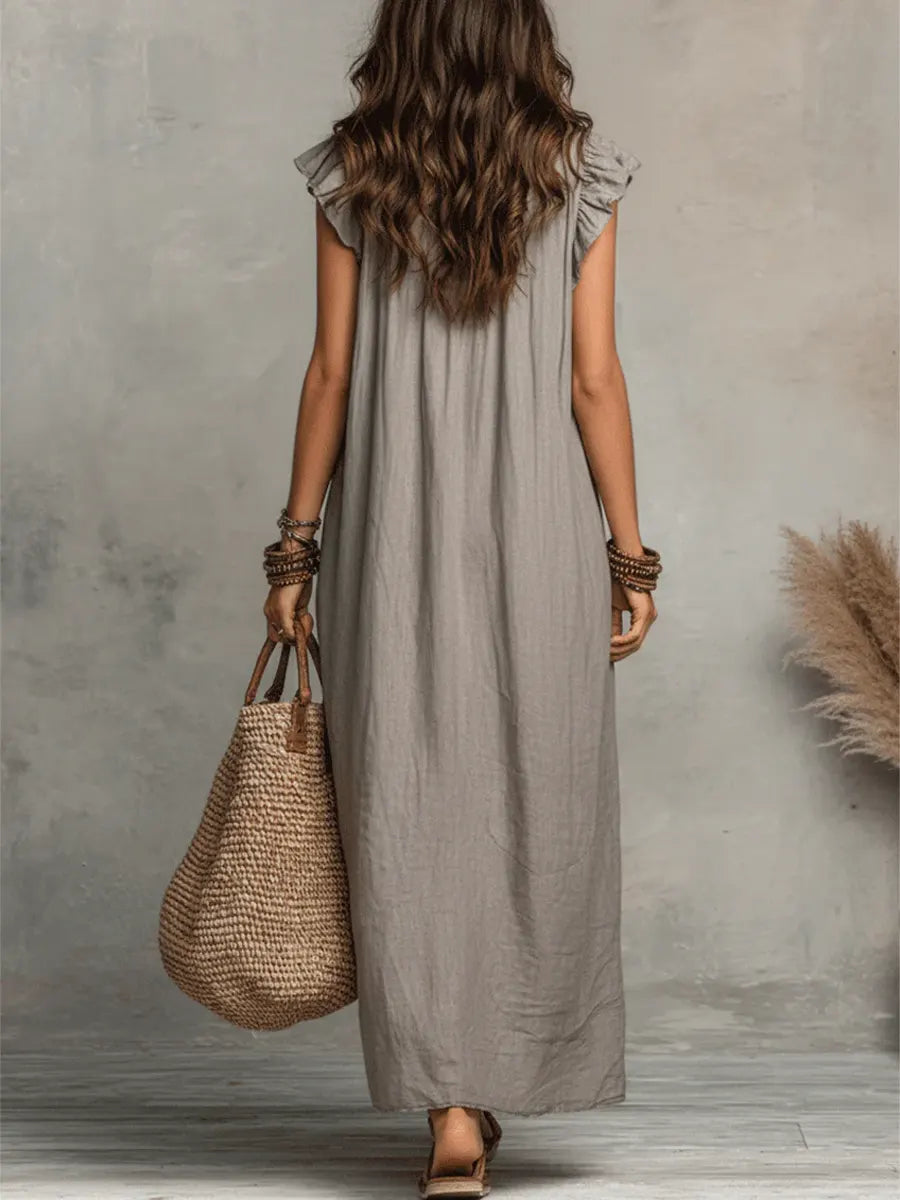 Frieda | Damen Rüschen Maxikleid Ärmellos