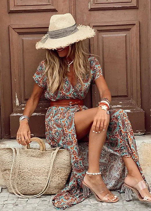 Isabella | Damen Boho Maxi-Kleid Paisley V-Ausschnitt Gürtel